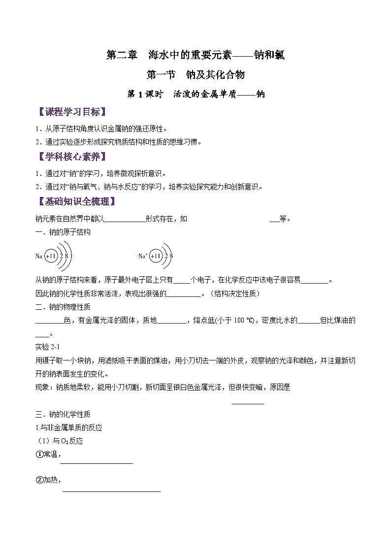 2.1.1 活泼的金属单质——钠-2024-2025学年新高一化学暑假新课重难点预习（人教版2019必修第一册）（含答案）01