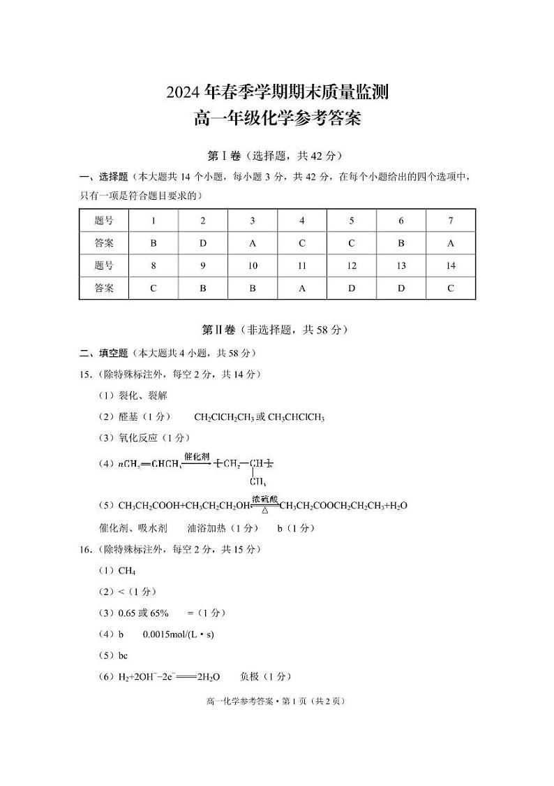 云南省保山市2023-2024学年高一下学期期末质量监测化学试题01