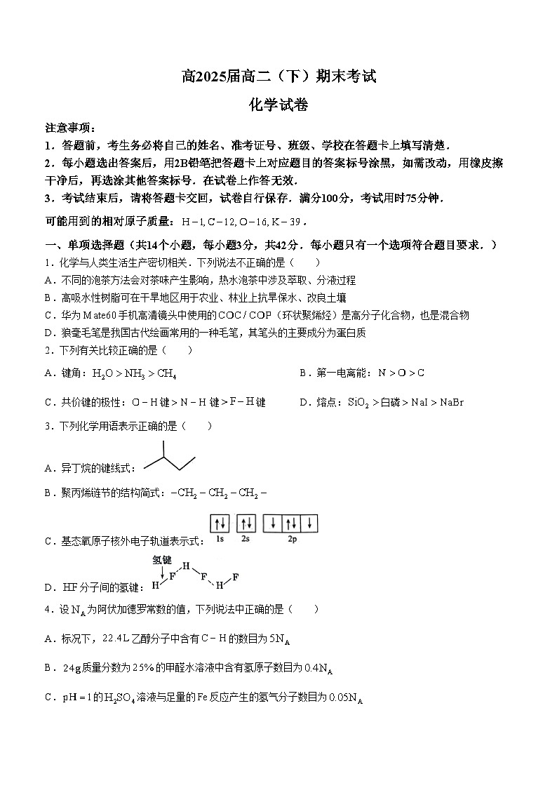 重庆市巴蜀中学校2023-2024学年高二下学期7月期末考试化学试题01