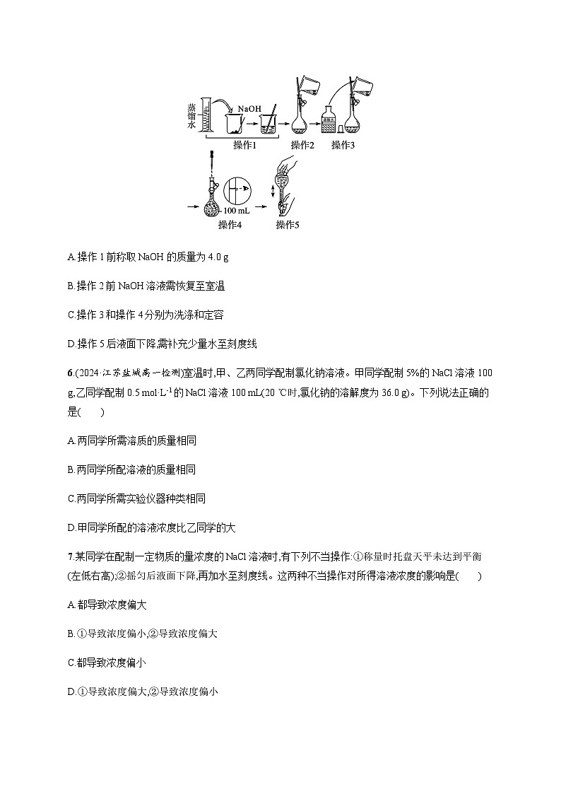 人教版高中化学必修第一册第2章分层作业14物质的量浓度一定物质的量浓度溶液的配制含答案02