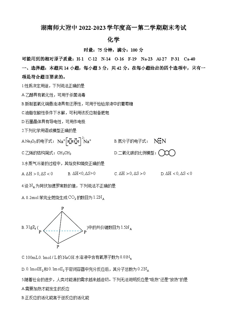 湖南师范大学附属中学2022-2023学年高一下学期期末考试化学试题（原卷版）01