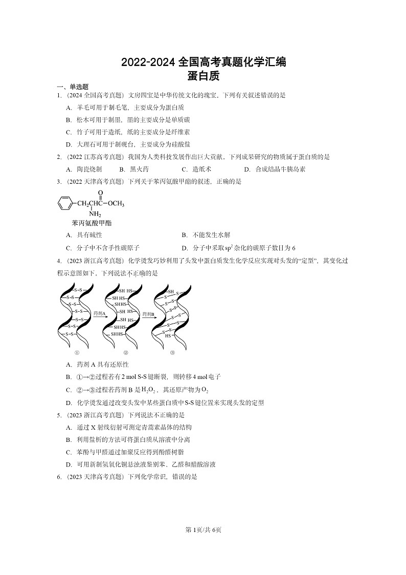 2022～2024全国高考真题化学分类汇编：蛋白质第1页