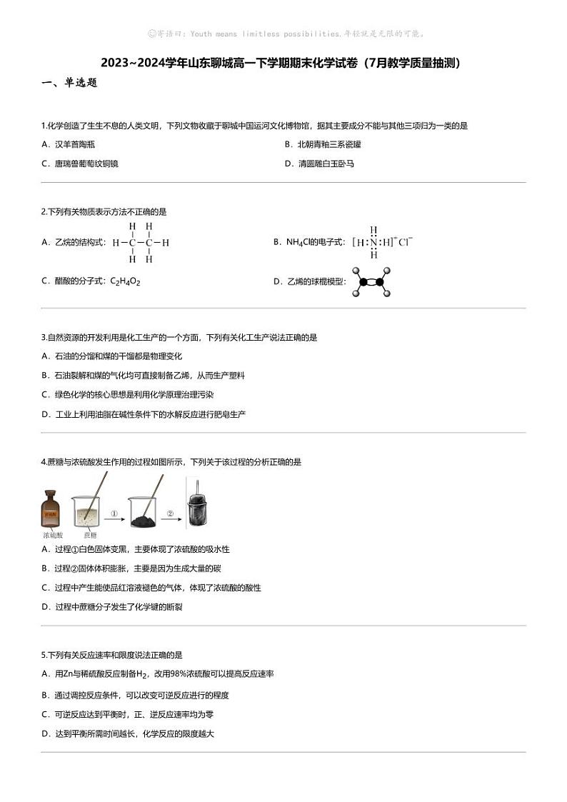 [化学][期末]2023_2024学年山东聊城高一下学期期末化学试卷(7月教学质量抽测)01