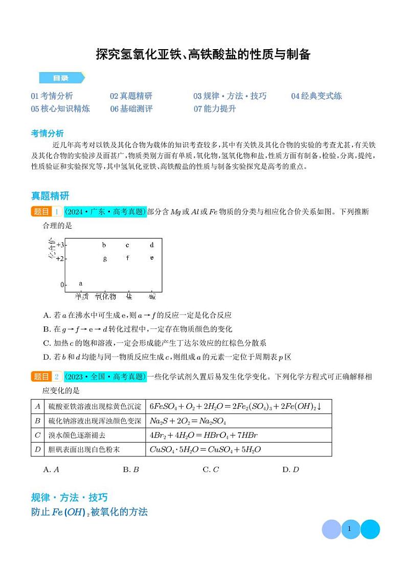 微专题  探究氢氧化亚铁、高铁酸盐的性质与制备（学生版）第1页