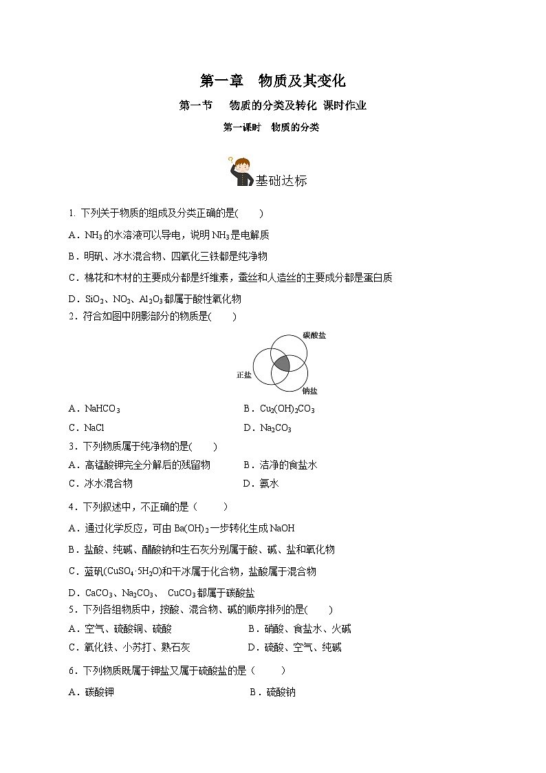 人教版（2019）高中化学必修一1.1.1《物质的分类》分层作业（原卷版）01