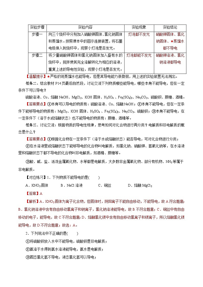 人教版（2019）高中化学必修一1.2.1《电解质的电离》导学案（解析版）02