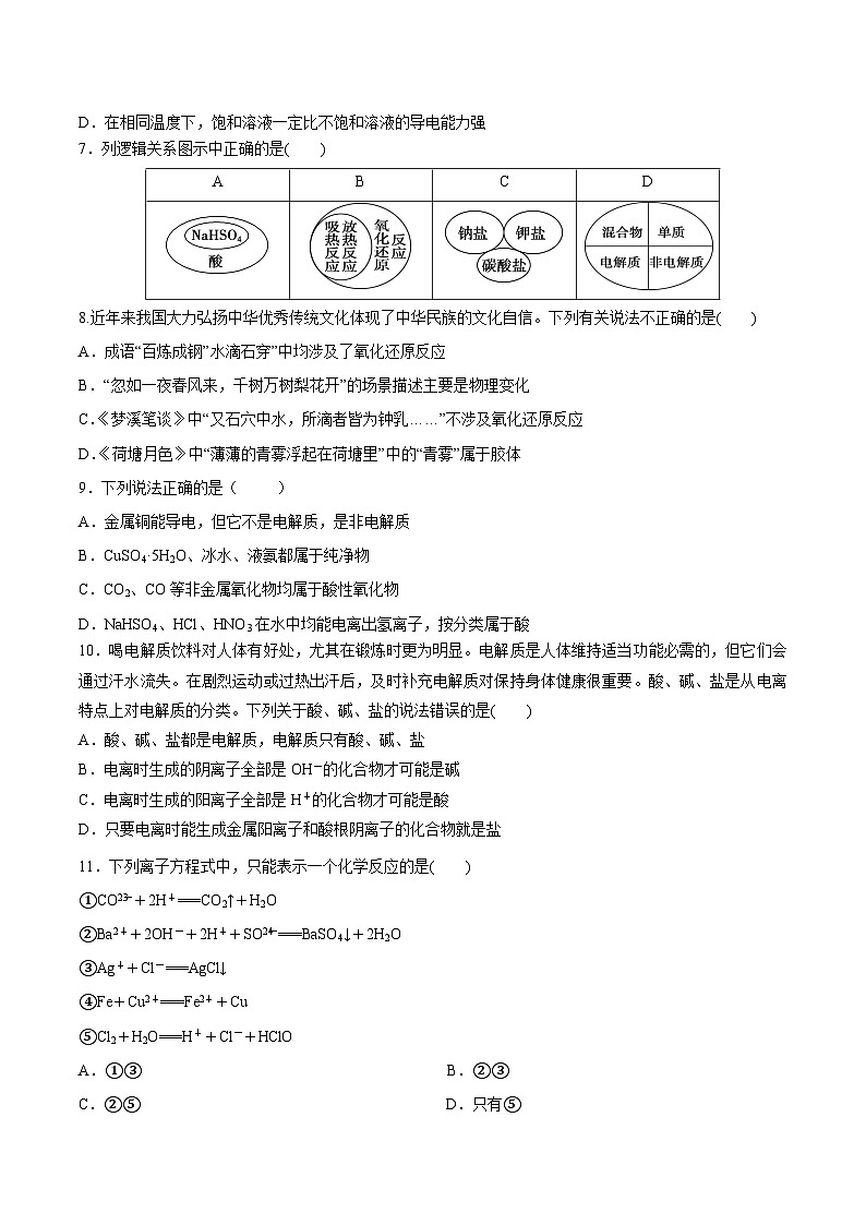 人教版（2019）高中化学必修一第一章  《物质及其变化》单元测试（原卷版）02