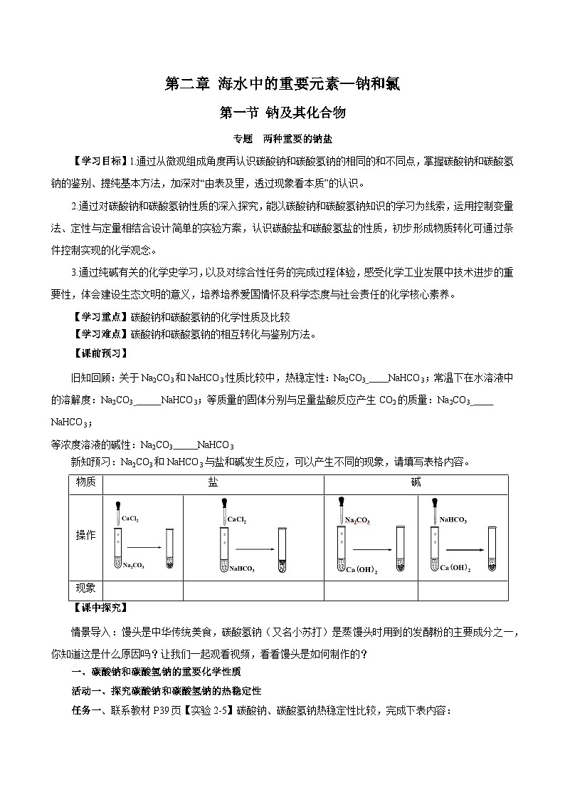 人教版（2019）高中化学必修一专题2《两种重要的钠盐》导学案（原卷版）01