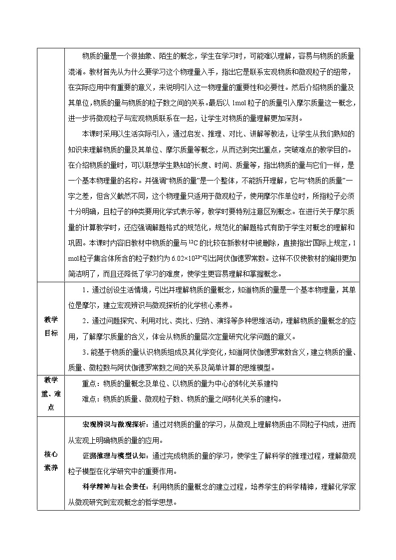 人教版（2019）高中化学必修一2.3.1《物质的量的单位——摩尔》教案02