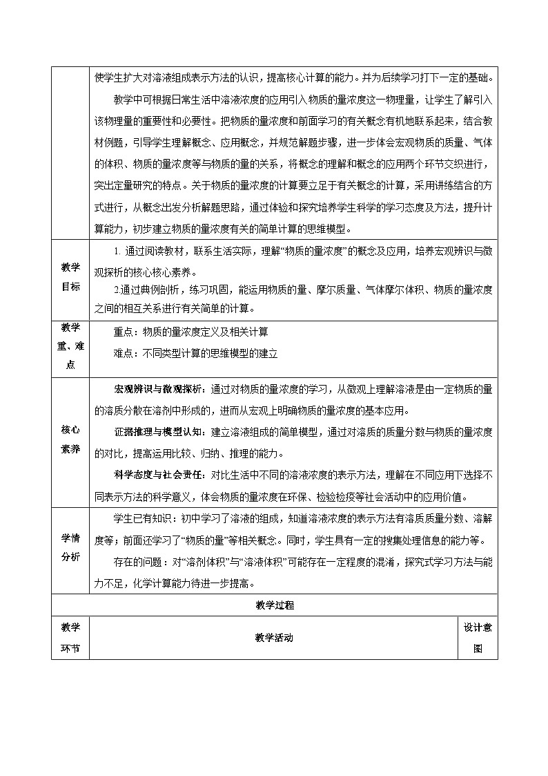 人教版（2019）高中化学必修一2.3.3《物质的量浓度》教案02