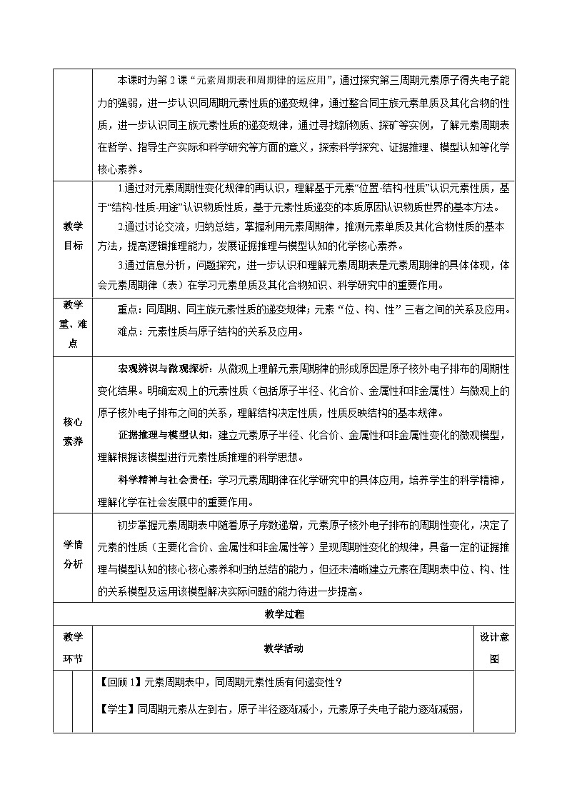 人教版（2019）高中化学必修一4.2.2  《元素周期表和元素周期律的应用》教案02