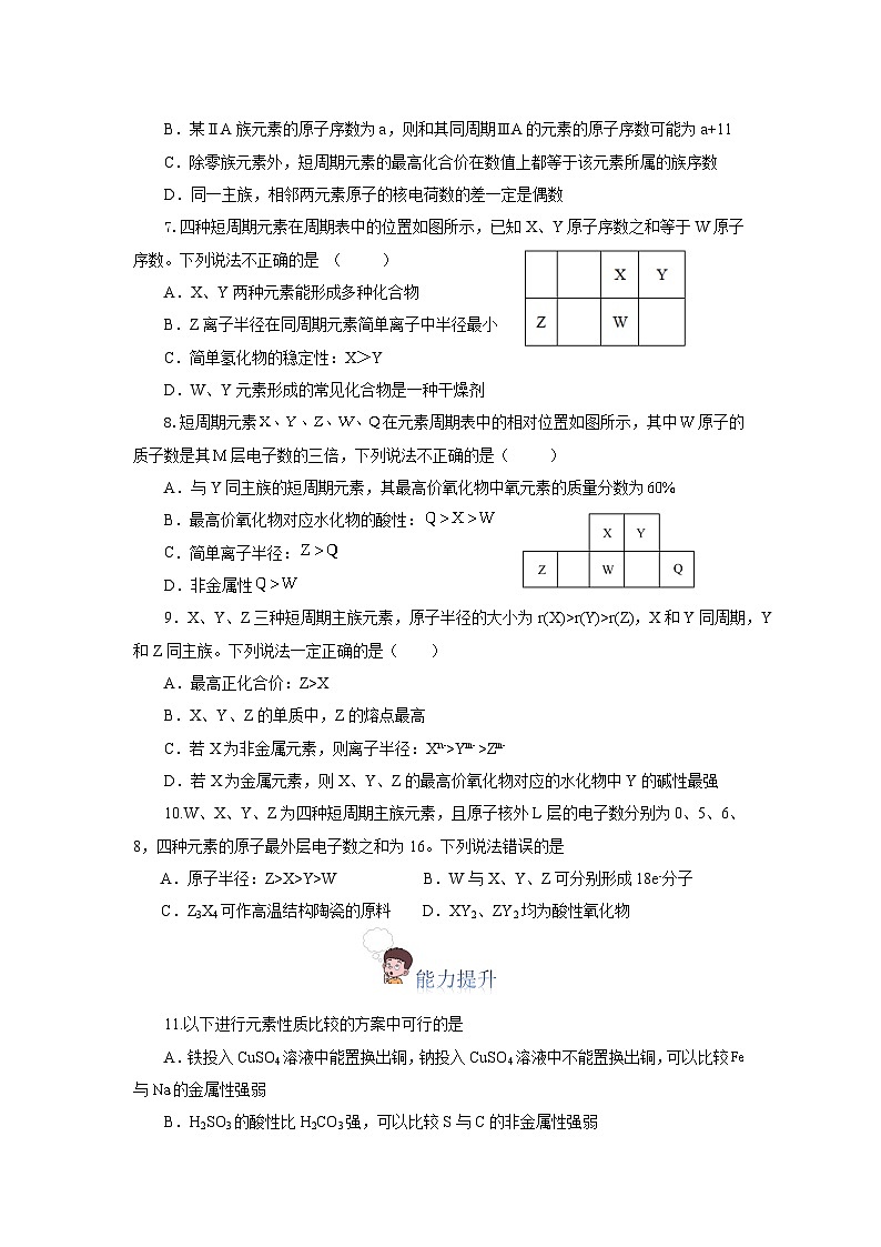 人教版（2019）高中化学必修一专题1《同周期、同主族元素性质的递变》分层作业（原卷版）02