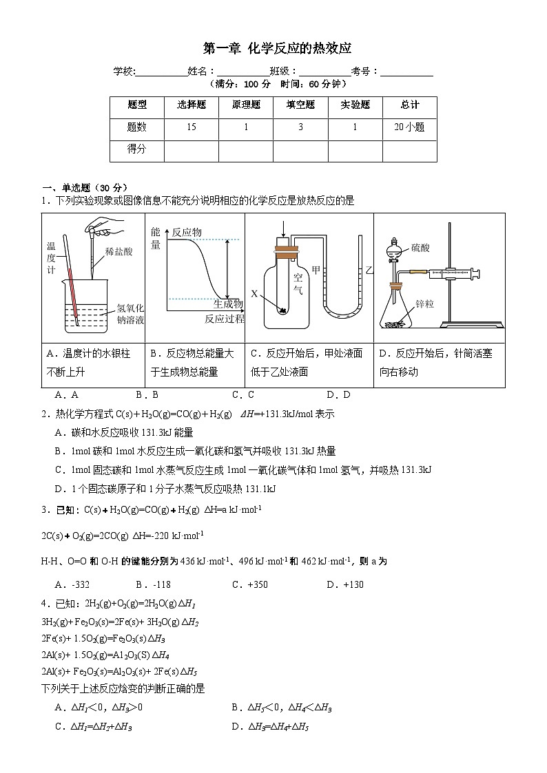 人教版（2019）高中化学选择性必修第一册 第一章《化学反应的热效应》单元测试（原卷版）01