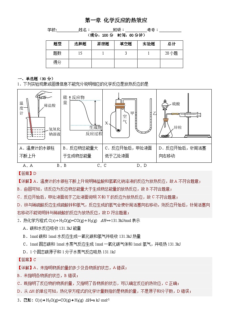 人教版（2019）高中化学选择性必修第一册 第一章《化学反应的热效应》单元测试（解析版）第1页
