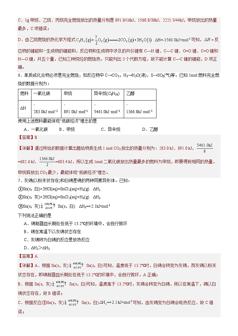 人教版（2019）高中化学选择性必修第一册 第一章《化学反应的热效应》单元测试（解析版）第3页