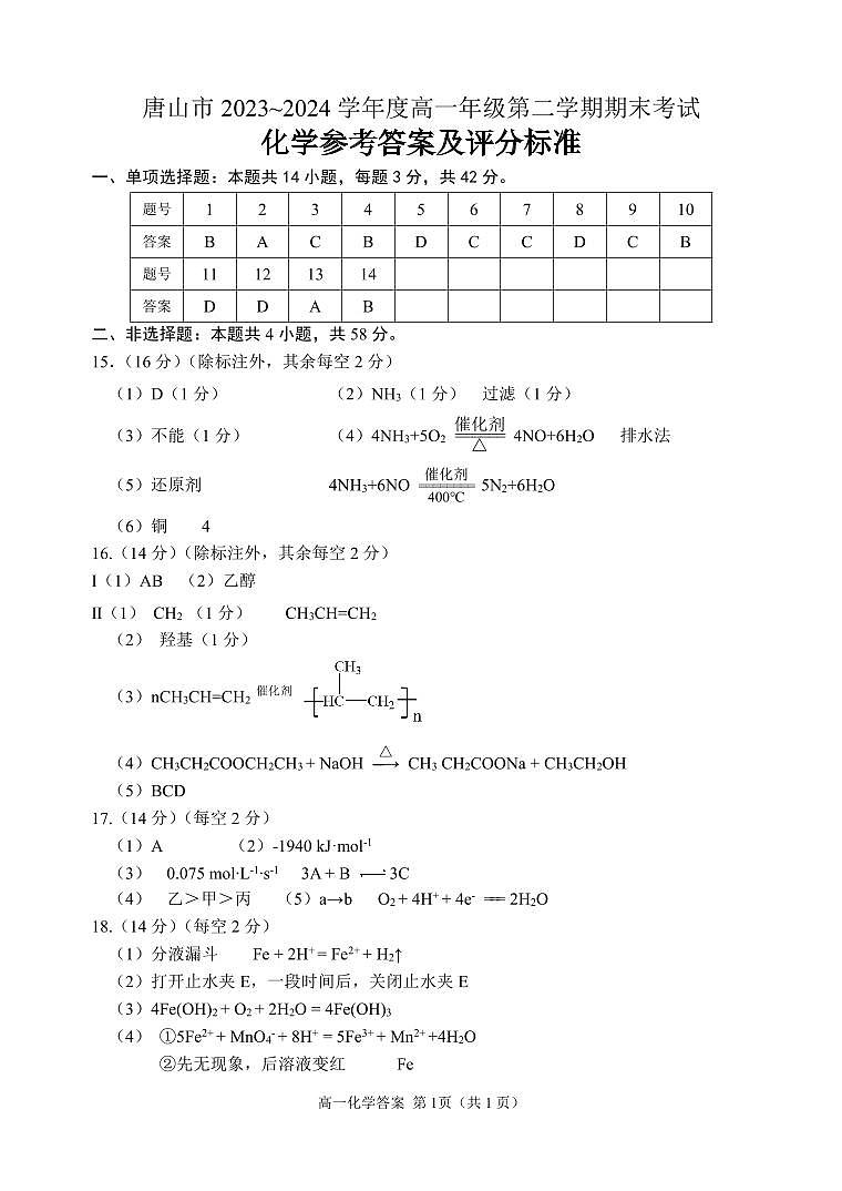 河北省唐山市2023-2024学年高一下学期期末考试+化学答案第1页