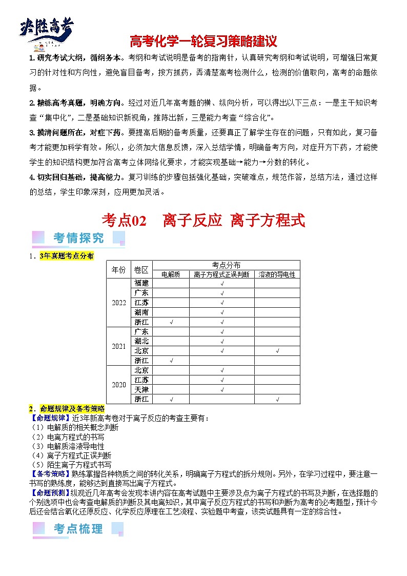 考点02 离子反应 离子方程式（核心考点精讲精练）-备战2024年高考化学一轮复习考点帮01