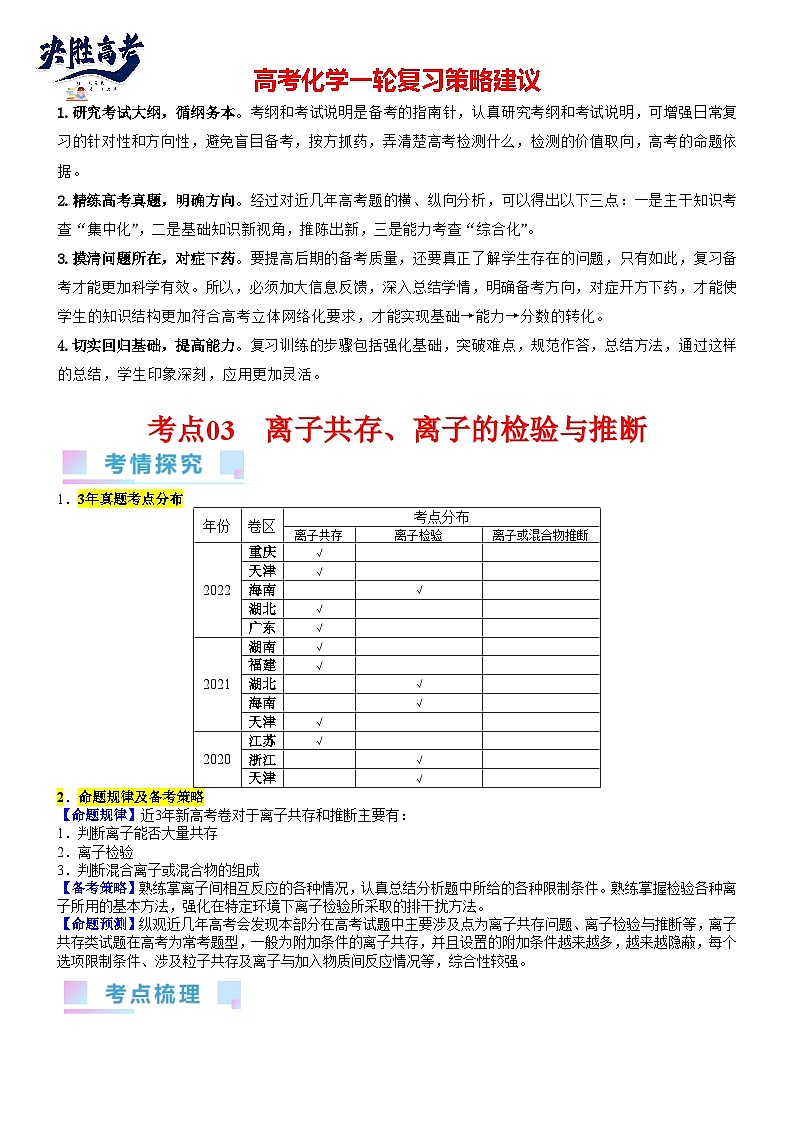 考点03 离子共存、离子的检验与推断（核心考点精讲精练）-备战2024年高考化学一轮复习考点帮01