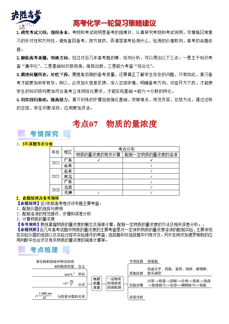 考点07 物质的量浓度（核心考点精讲精练）-备战2024年高考化学一轮复习考点帮01