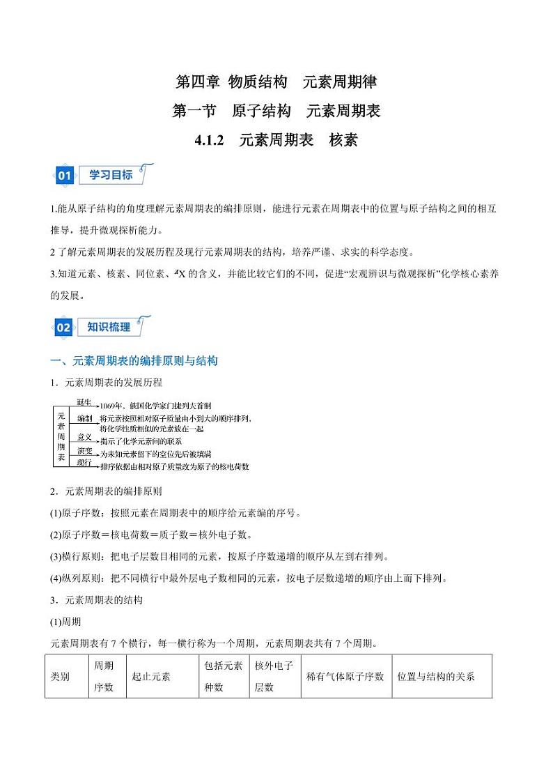 4.1.2  元素周期表　核素（教师版）2024学年高一化学同步讲义+检测（人教版必修一）2023-2024学年高一化学同步讲义+随堂检测（人教版2019必修第一册）第1页
