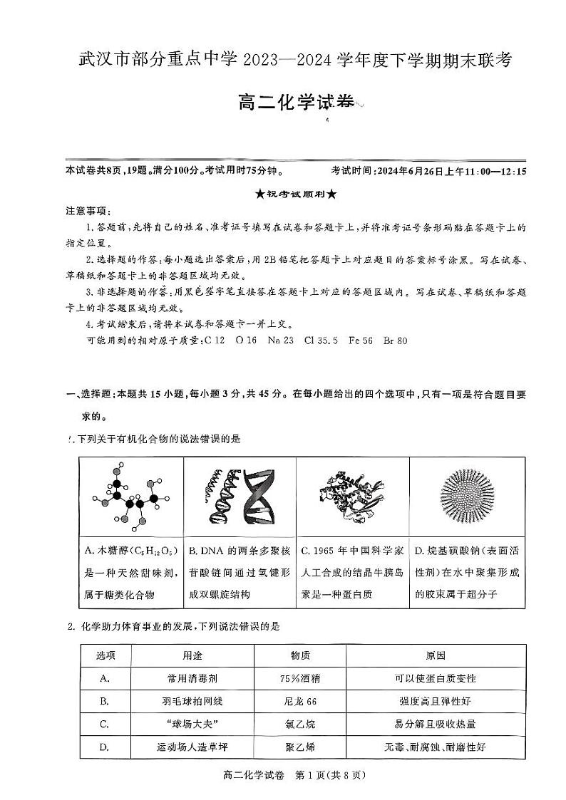湖北省武汉市部分重点中学2023-2024学年高二下学期期末联考化学试卷01