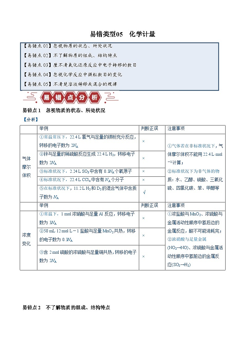 易错类型05 化学计量（5大易错点）-备战2025年高考化学易错题01