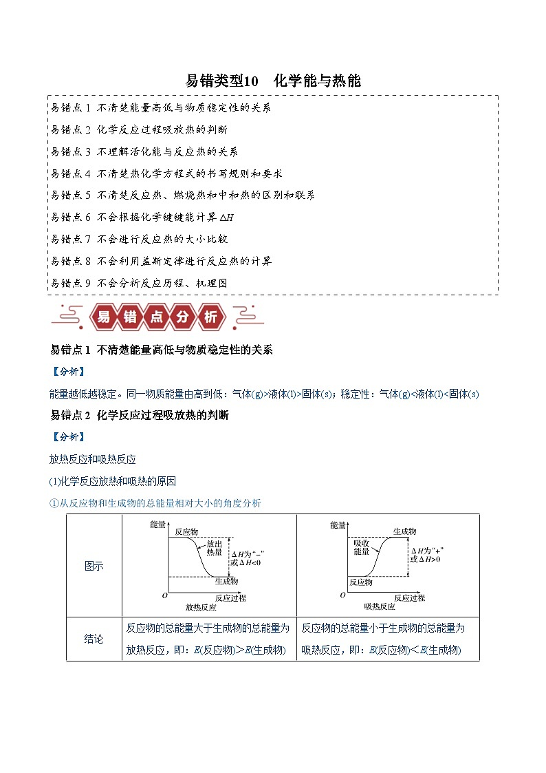 易错类型10 化学能与热能（9大易错点）-备战2025年高考化学易错题01
