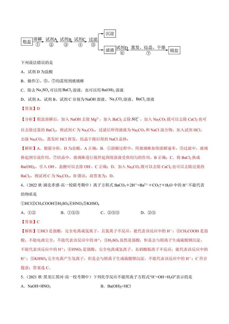 专题02 离子反应（核心素养检测）-2023-2024学年高一化学知识整合讲练（人教版2019必修第一册）（含答案）02