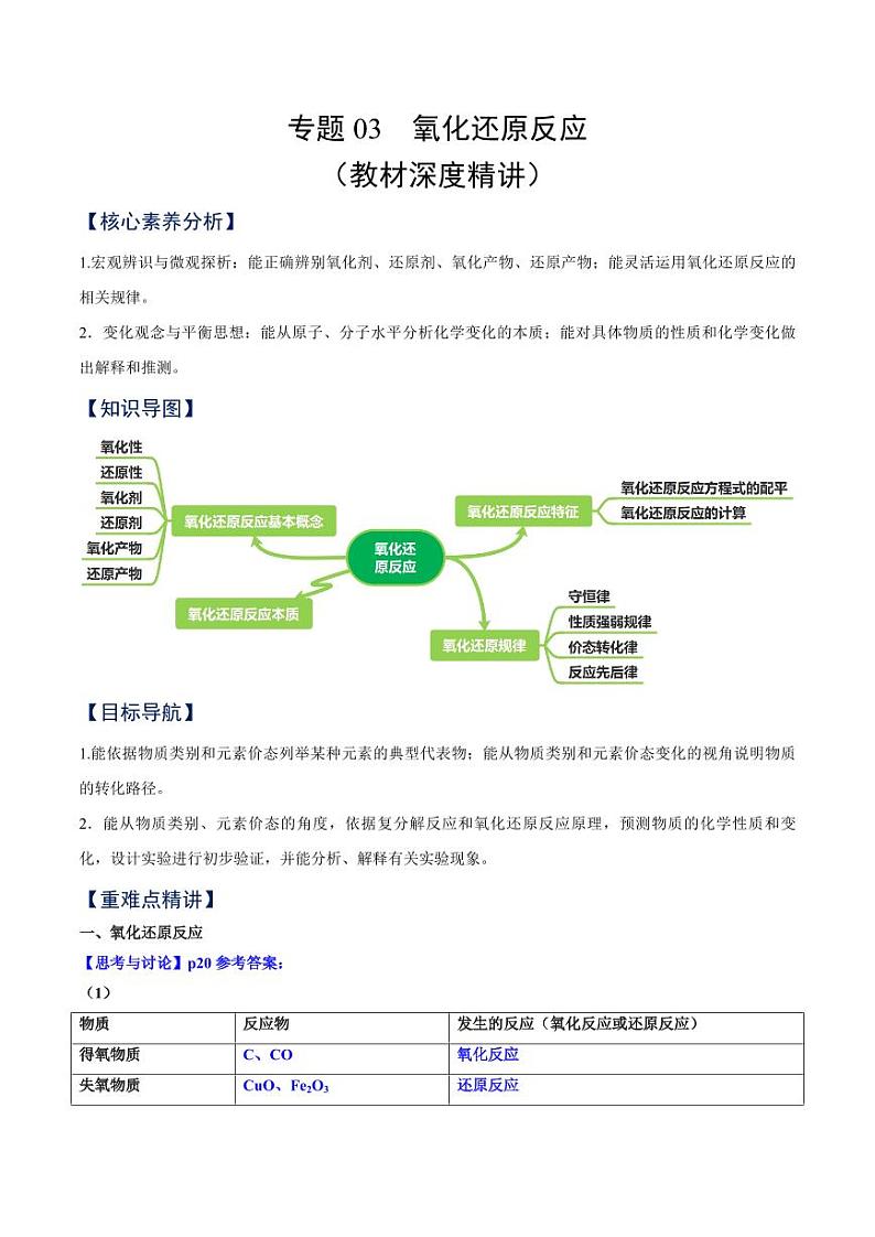 专题03 氧化还原反应（教材深度精讲）-2023-2024学年高一化学知识整合讲练（人教版2019必修第一册）（学生版）第1页