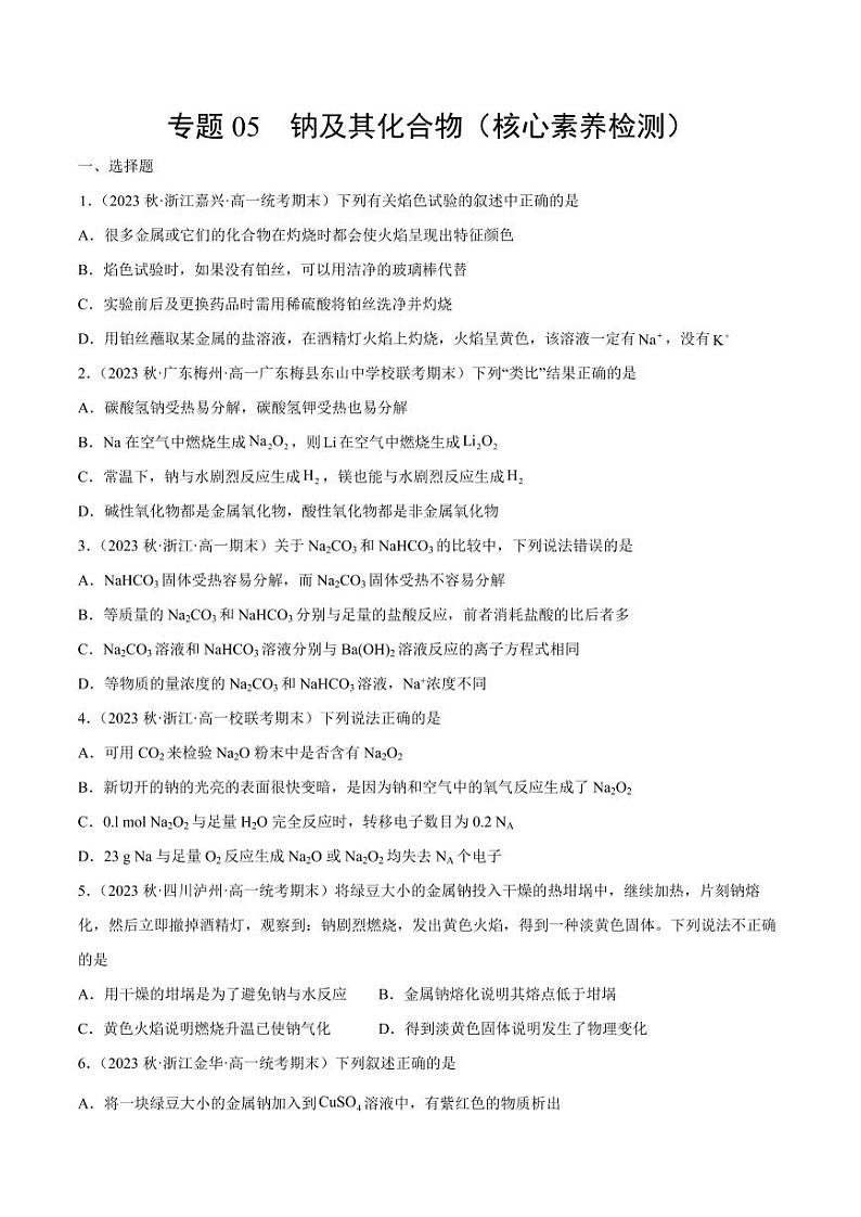 专题05 钠及其化合物（核心素养检测）-2023-2024学年高一化学知识整合讲练（人教版2019必修第一册）（含答案）01