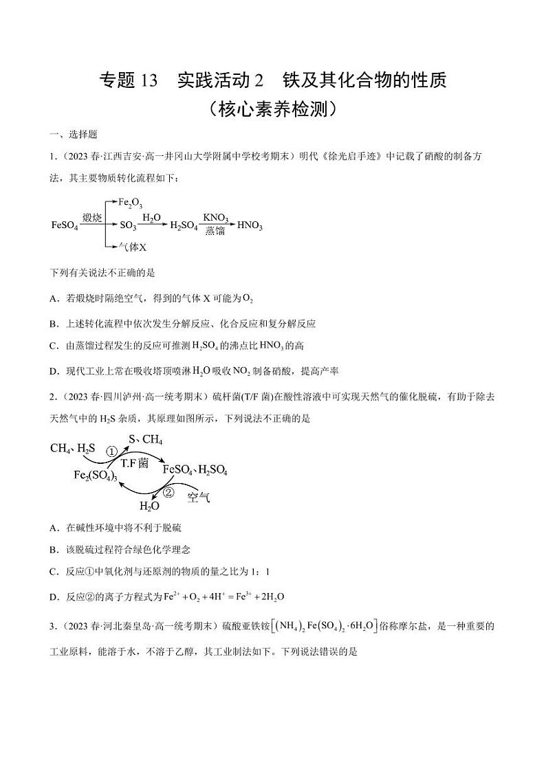专题13 实践活动2 铁及其化合物的性质（核心素养检测）-2023-2024学年高一化学知识整合讲练（人教版2019必修第一册）（学生版）第1页