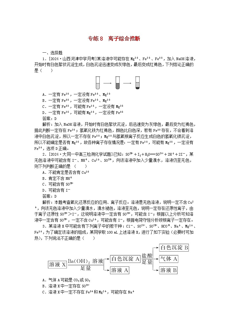 2025版高考化学一轮复习微专题小练习专练8离子综合推断第1页