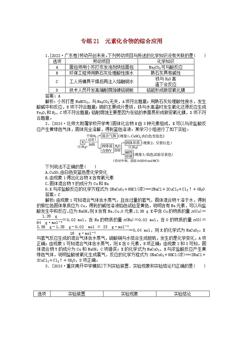 2025版高考化学一轮复习微专题小练习专练21元素化合物的综合应用01