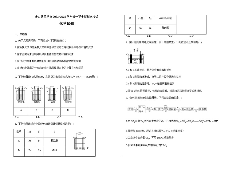 山东省泰安市泰山国际学校2023-2024学年高一下学期期末考试化学试题（含答案）01