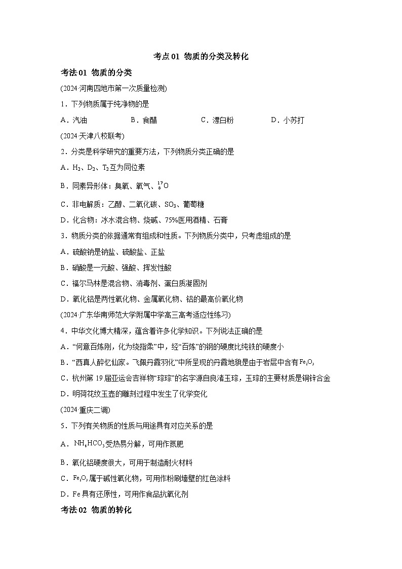 2025年高考化学一轮复习考点通关卷 考点巩固卷01化学物质及其变化（新高考通用）试卷02