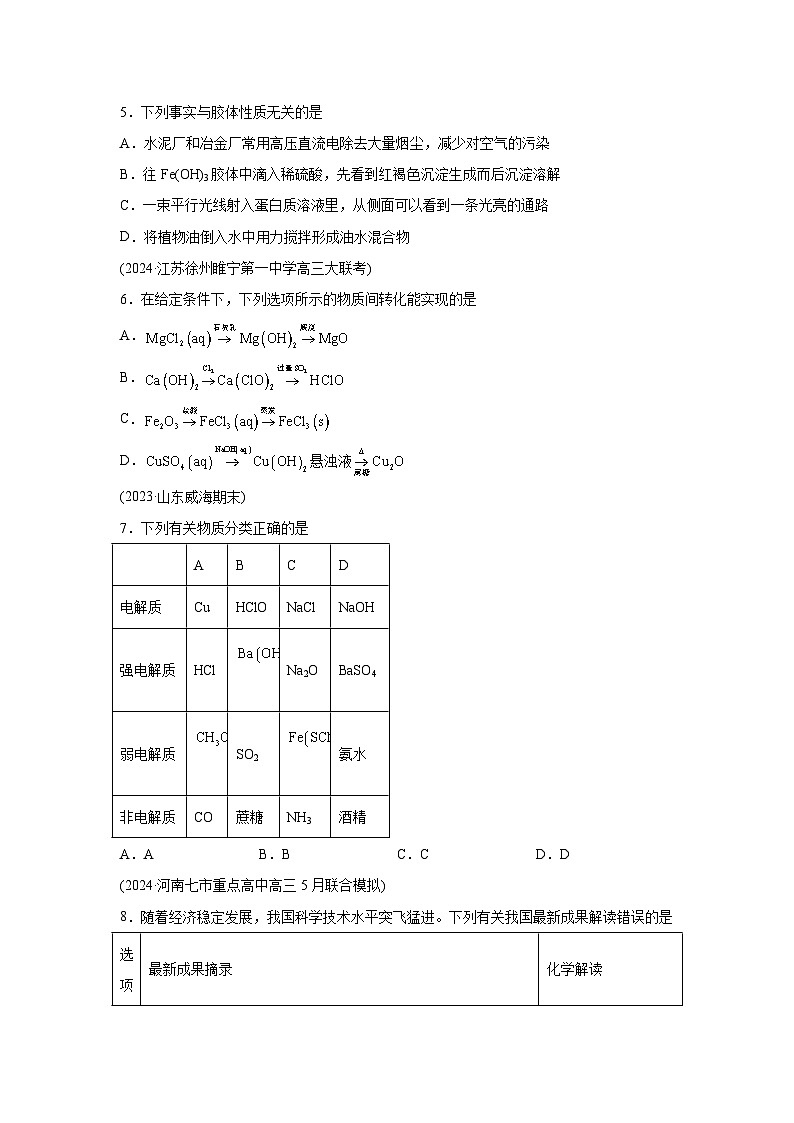 2025年高考化学一轮复习考点通关卷 专题突破卷01化学物质及其变化（新高考通用）试卷第2页