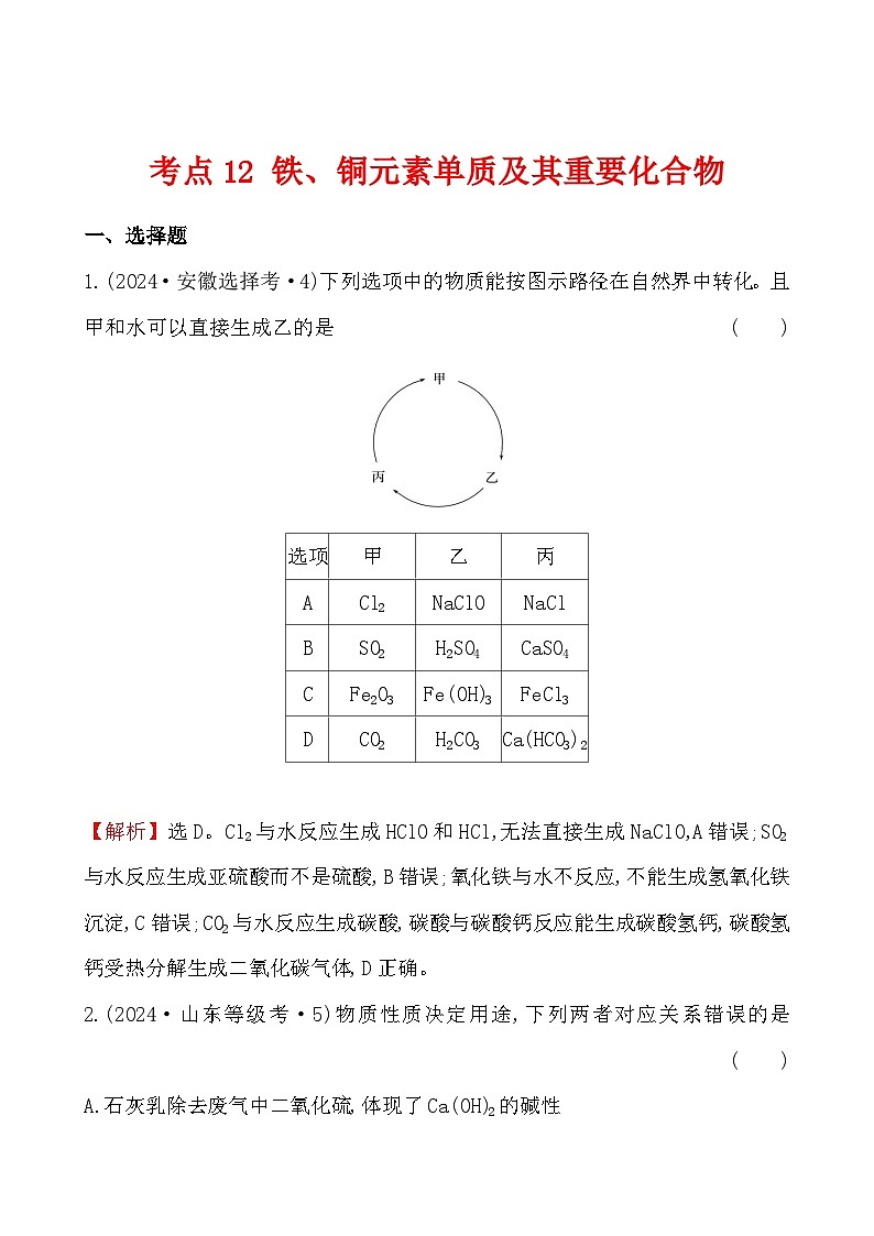 考点12 铁元素单质及其重要化合物-2024年高考化学试题分类汇编第1页
