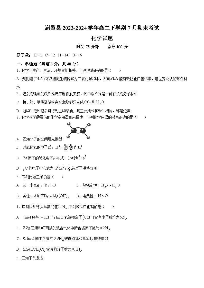 河南省周口市鹿邑县2023-2024学年高二下学期7月期末考试化学试题（含答案）01
