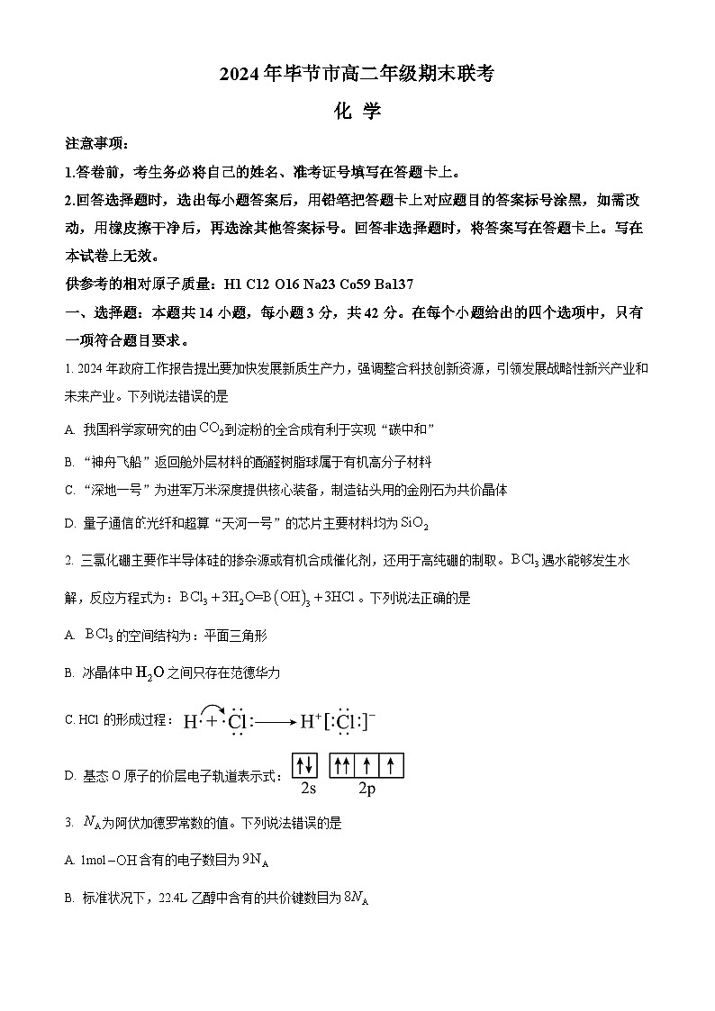 贵州省毕节市2023-2024学年高二下学期期末考试化学试卷（Word版附解析）01