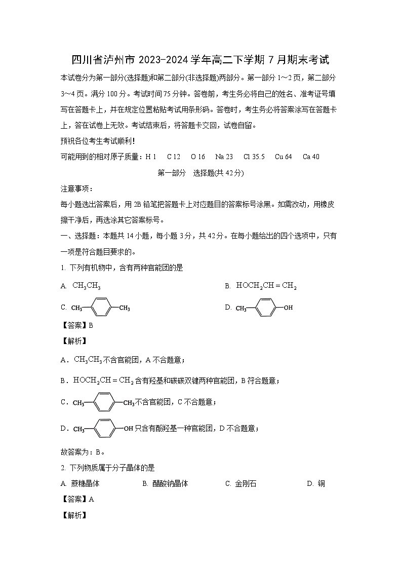 [化学][期末]四川省泸州市2023-2024学年高二下学期7月期末考试(解析版)01