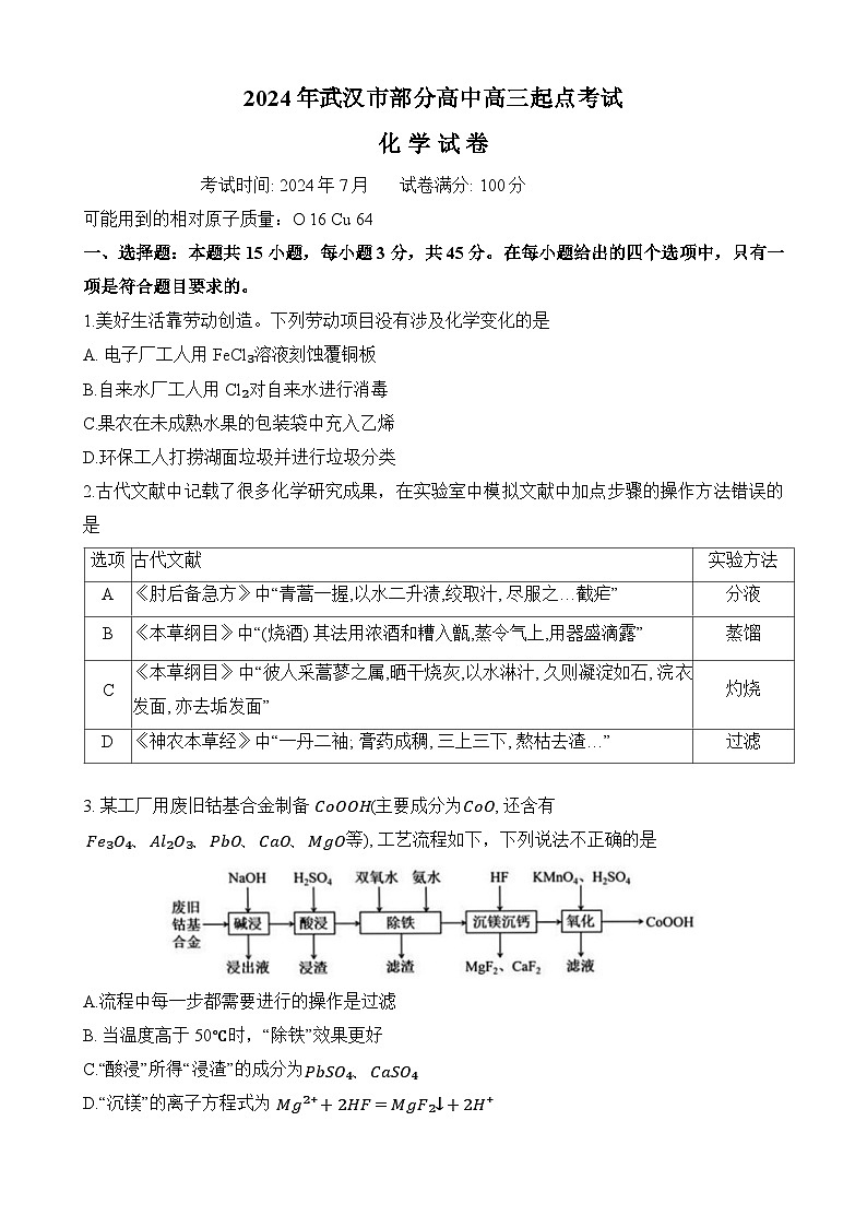 湖北省武汉市部分高中2025届高三上学期起点考试化学试卷（Word版附答案）01