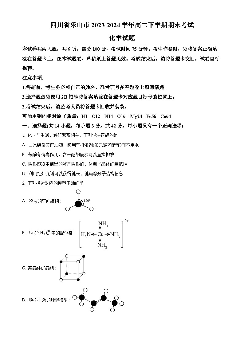 四川省乐山市2023-2024学年高二下学期期末考试化学试卷（Word版附答案）01