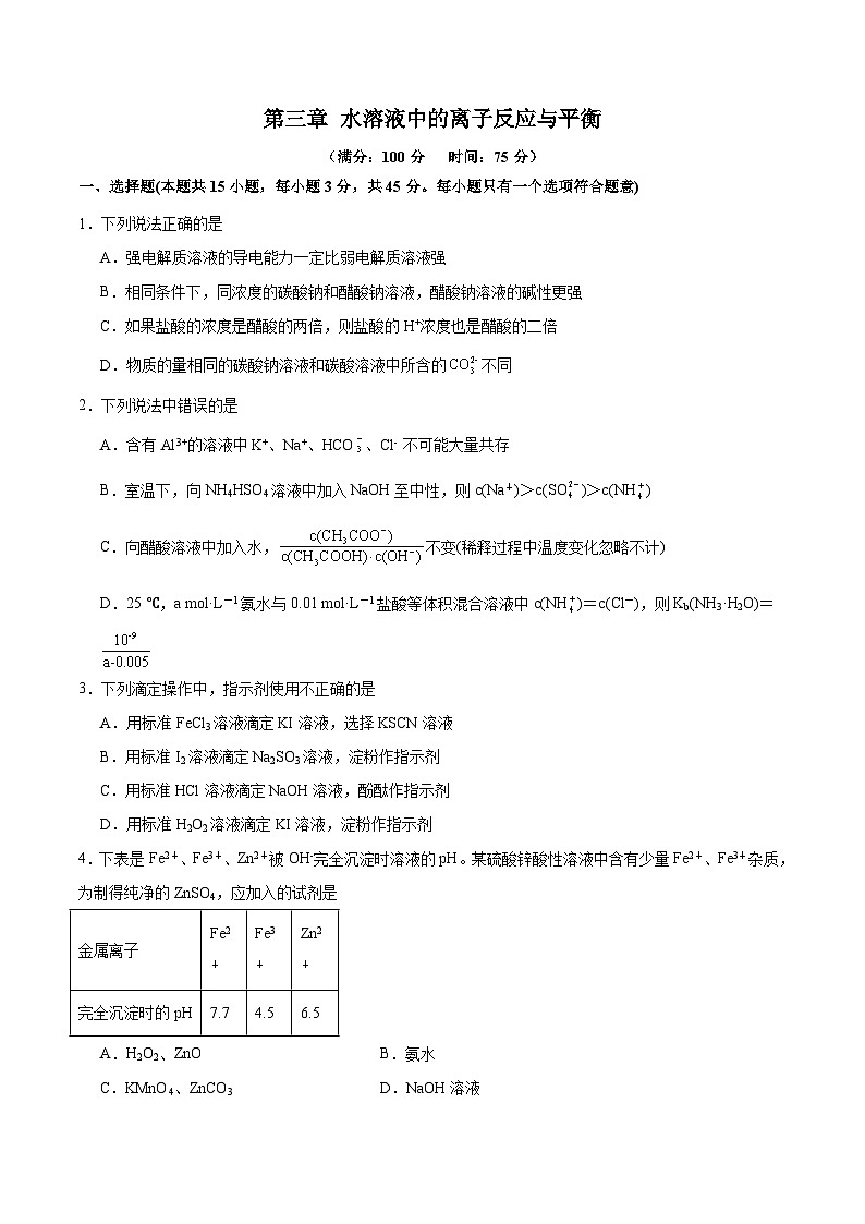 【沪科版】选择性必修一化学  第3章 水溶液中的离子反应与平衡  单元复习 (课件+练习）01