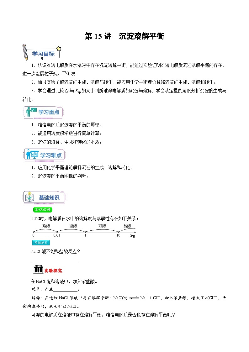 人教A版化学选择性必修一第15讲 沉淀溶解平衡-讲义试卷【学生版】新高二化学暑假衔接（人教版）01