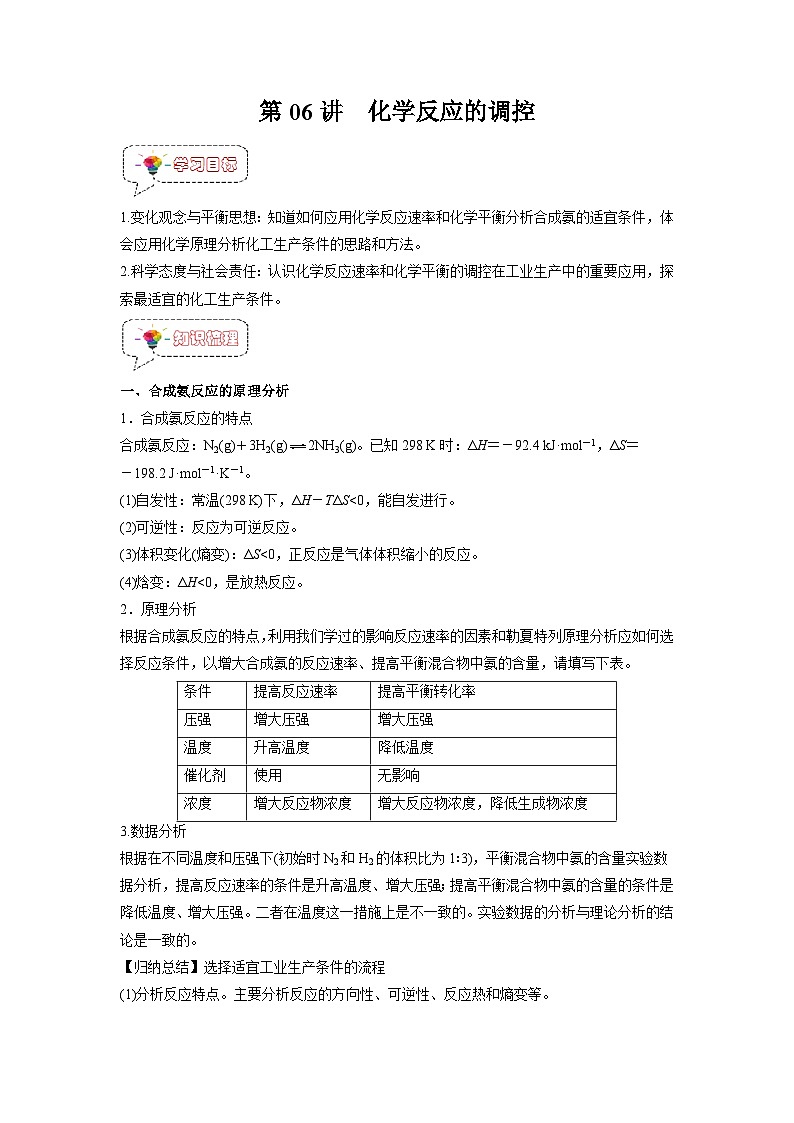 人教A版高二化学上册选择性必修一试卷讲义第06讲  化学反应的调控 -【暑假衔接】新高二化学暑假精品课（人教版）（学生版）01