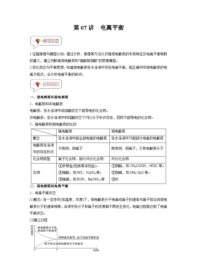 人教A版高二化学上册选择性必修一试卷讲义第07讲  电离平衡 -【暑假衔接】新高二化学暑假精品课（人教版）（教师版）第1页