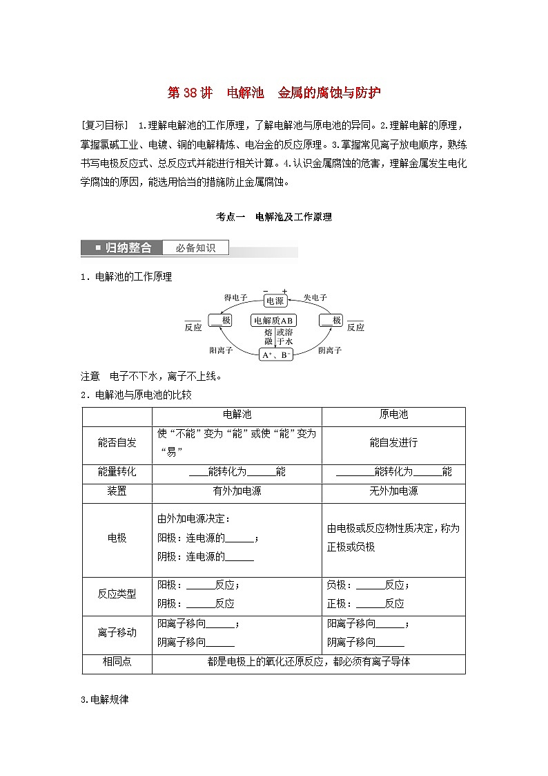 新教材宁陕2024届高考化学一轮复习学案第6章化学反应与能量转化第38讲电解池金属的腐蚀与防护鲁科版01