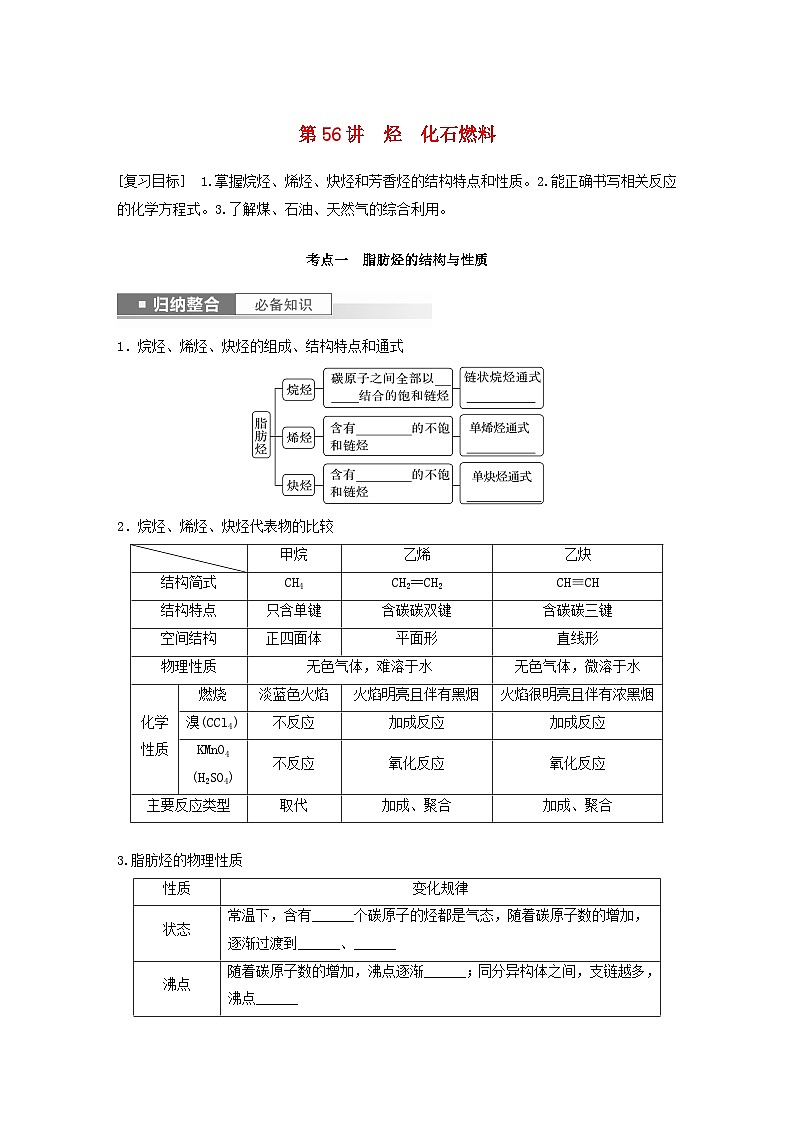 新教材宁陕2024届高考化学一轮复习学案第9章有机化学基础第56讲烃化石燃料鲁科版01