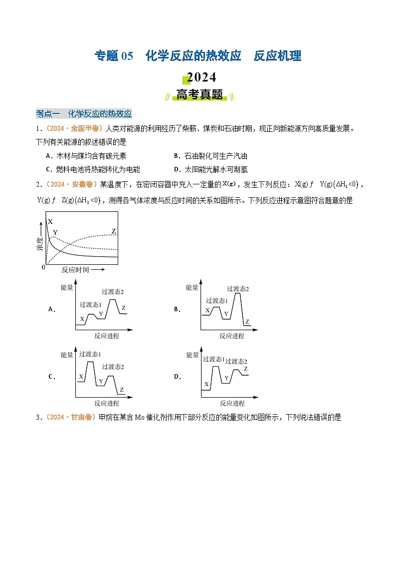2024年高考真题和模拟题化学分类汇编（全国通用）专题05  化学反应的热效应  反应机理（原卷版）01