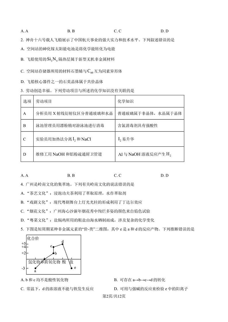 广东省2025届高三一调模拟卷化学试题（原卷版）第2页